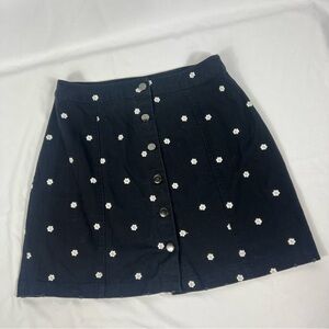 Black Denim Floral Embriodered Button-Up Mini Skirt